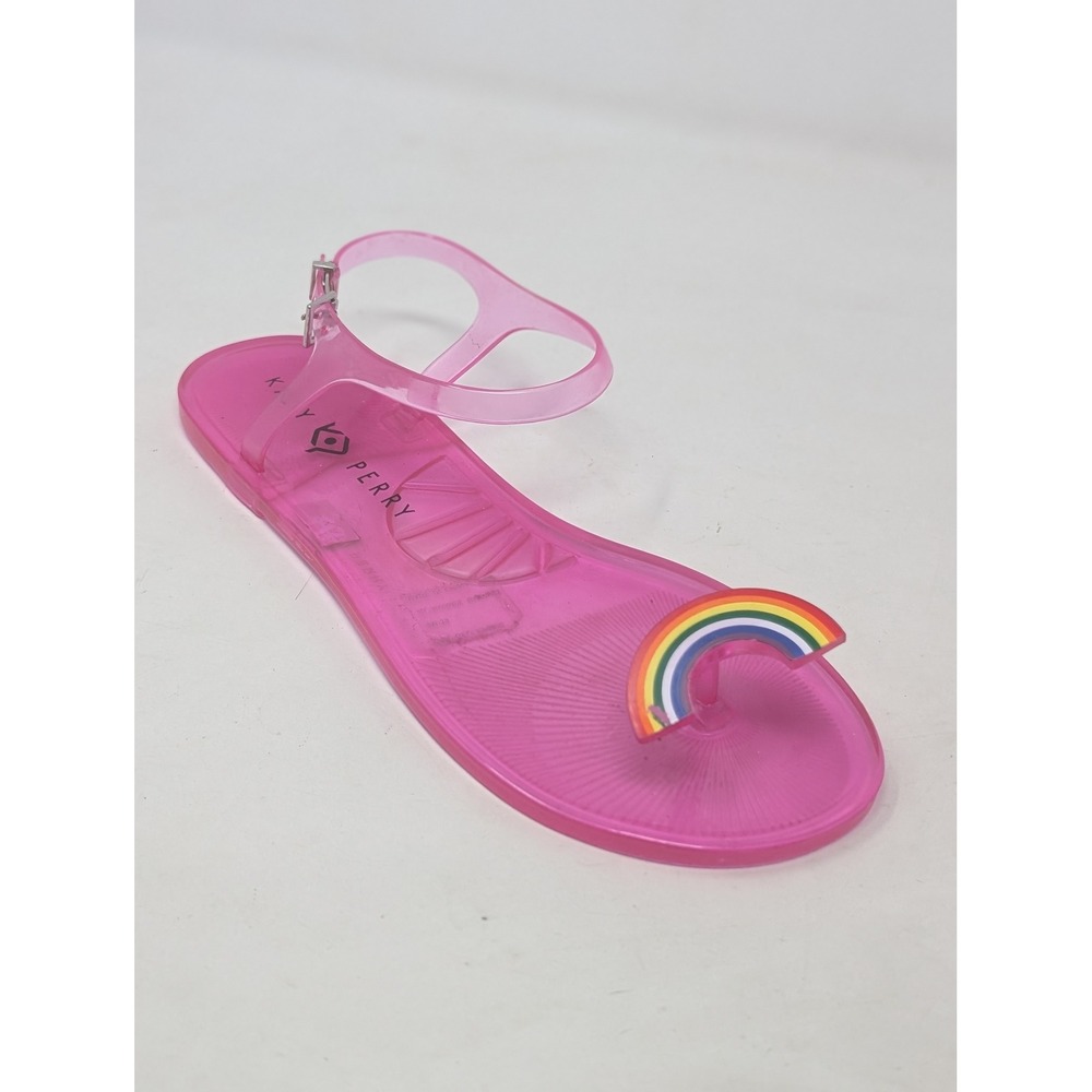 Katy Perry Geli Pink Rainbow Jelly Sandals Womens Size 9 Flat T-Strap Buckle - Picture 7 of 10